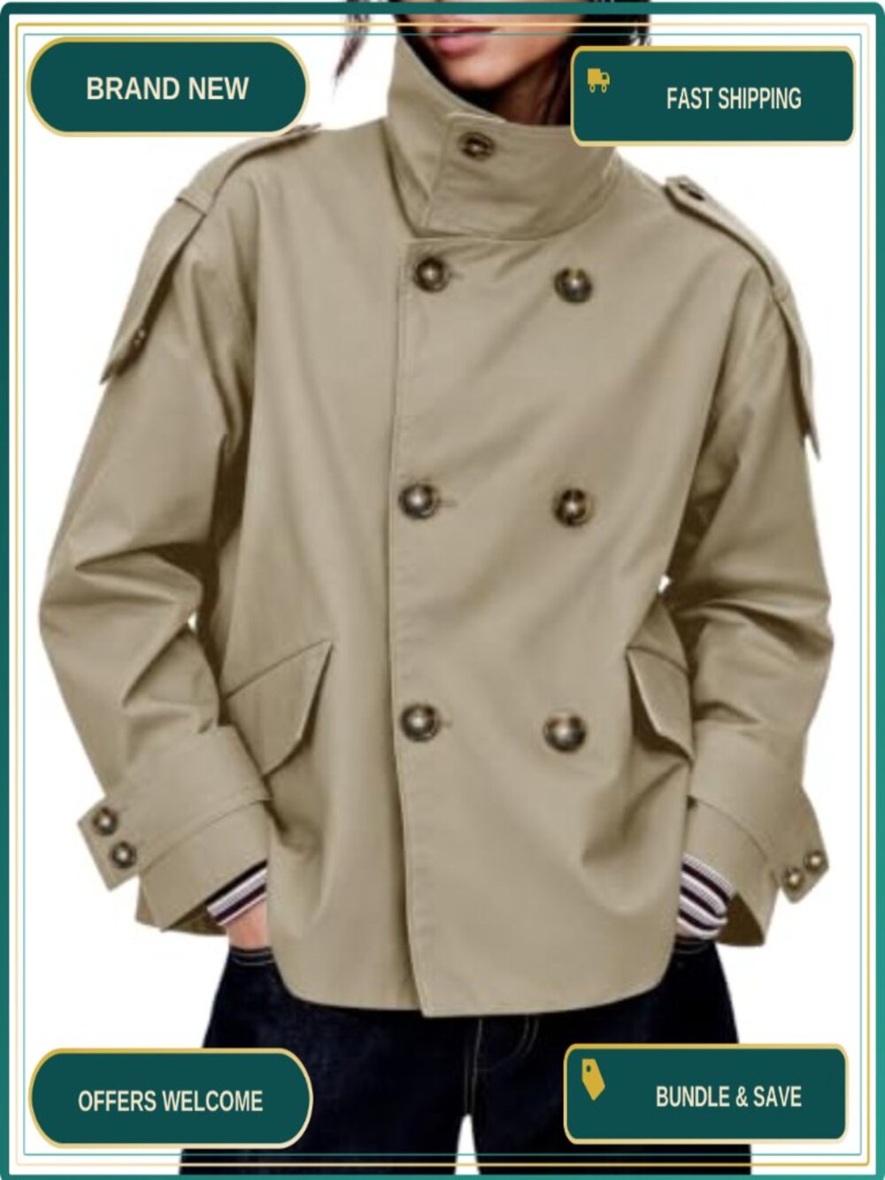 Womens Cropped Trench Coat Oversized Double Breasted Water Resistant Jacket